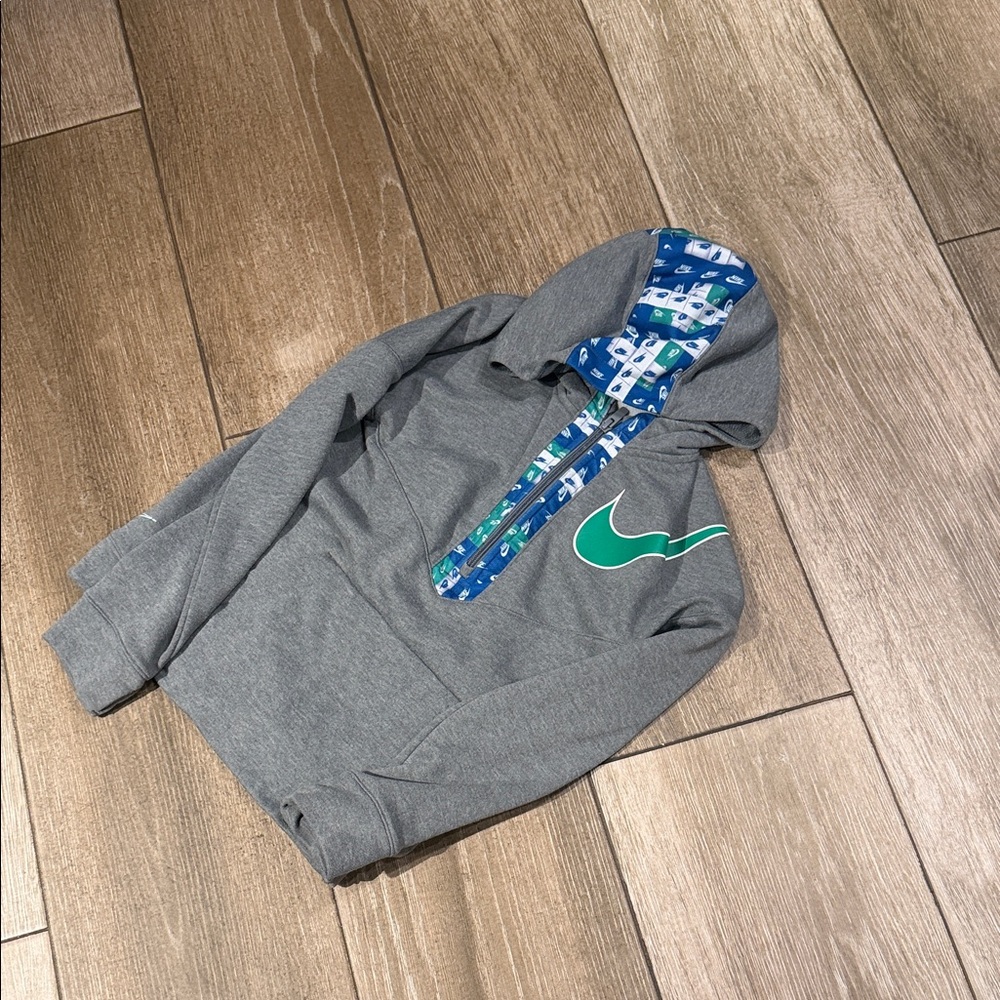 Nike Gray Kids Hoodie with Green Swoosh and Blue Hood Lining